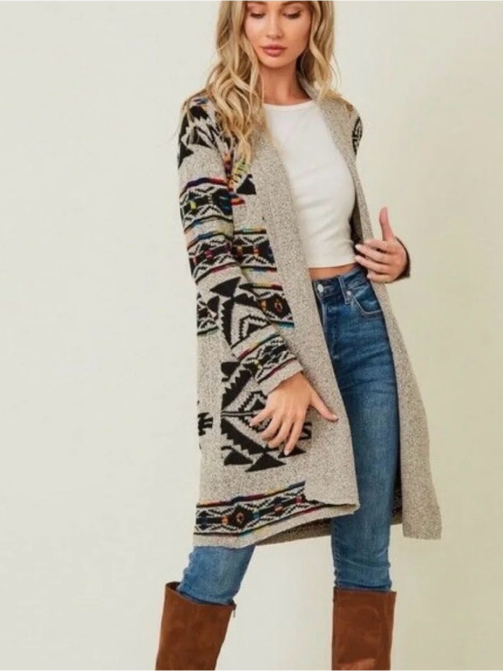 Northern Angel -Open-Front Heather Gray Aztec Pattern Cardigan Sweater EUC